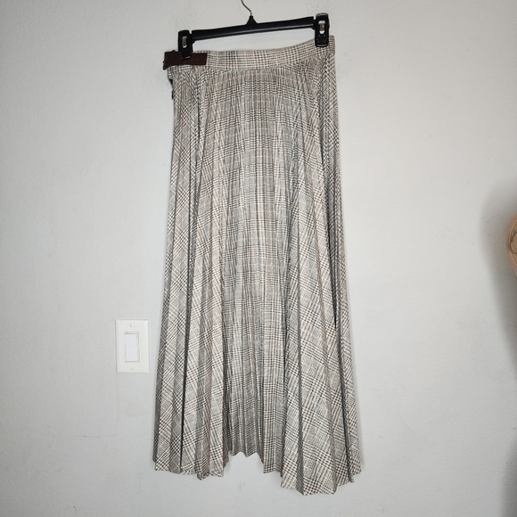 Banana Republic Metallic Plaid Pleated Midi Maxi Skirt Black Bronze White Size 0 - Picture 17 of 17